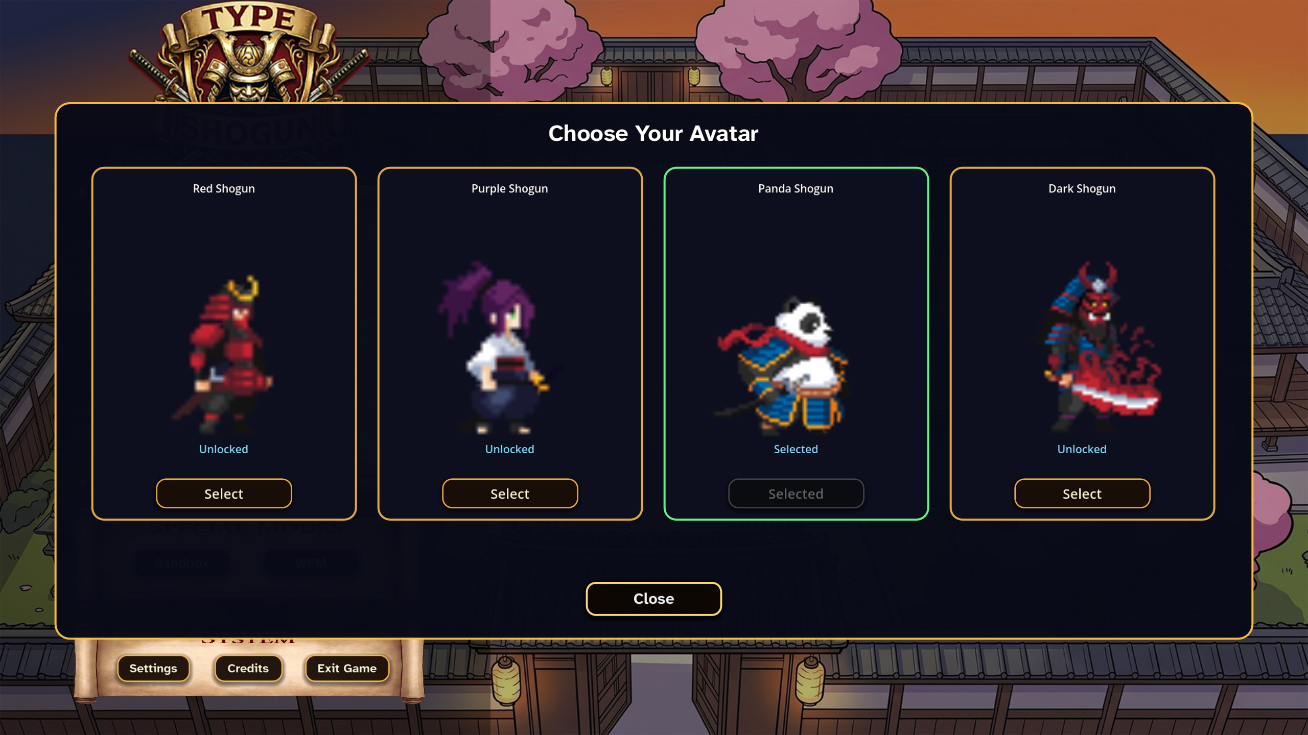 Type Shogun avatar selection with Red, Purple, Panda, and Dark Shogun characters