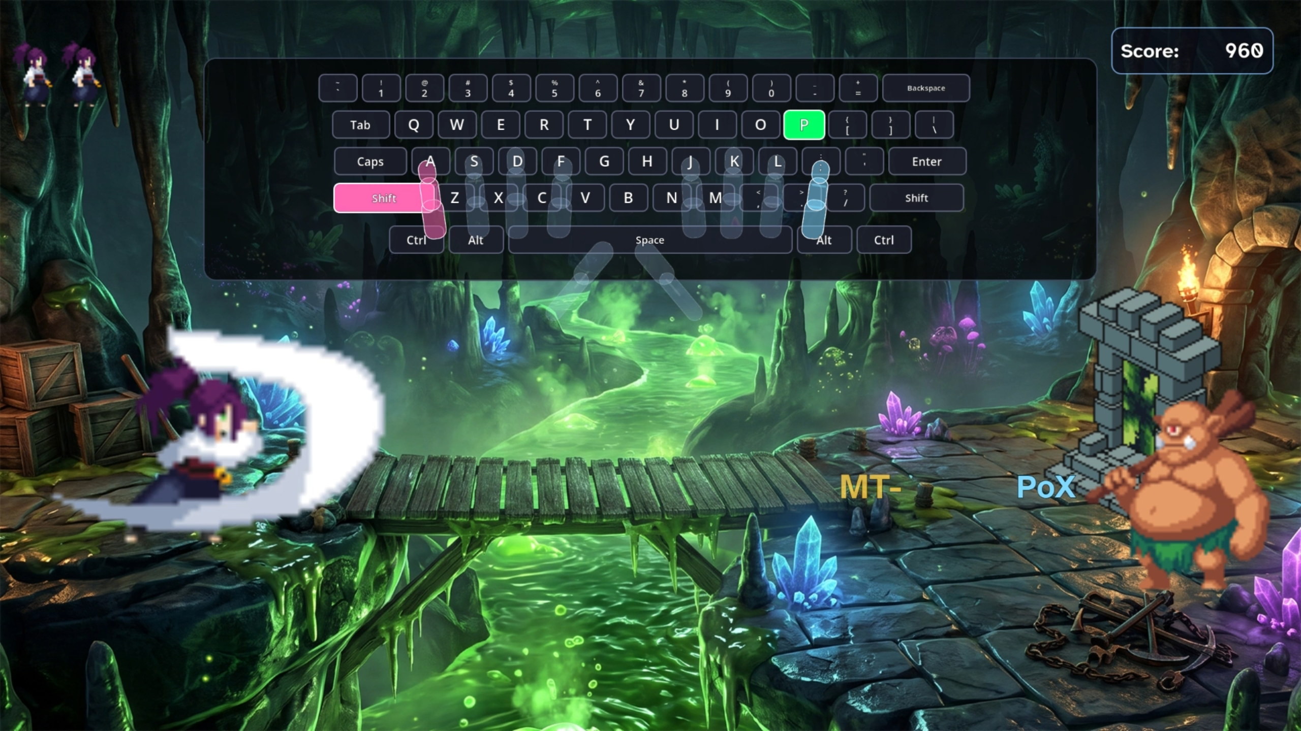 Type Shogun boss battle with keyboard and transparent hand overlays