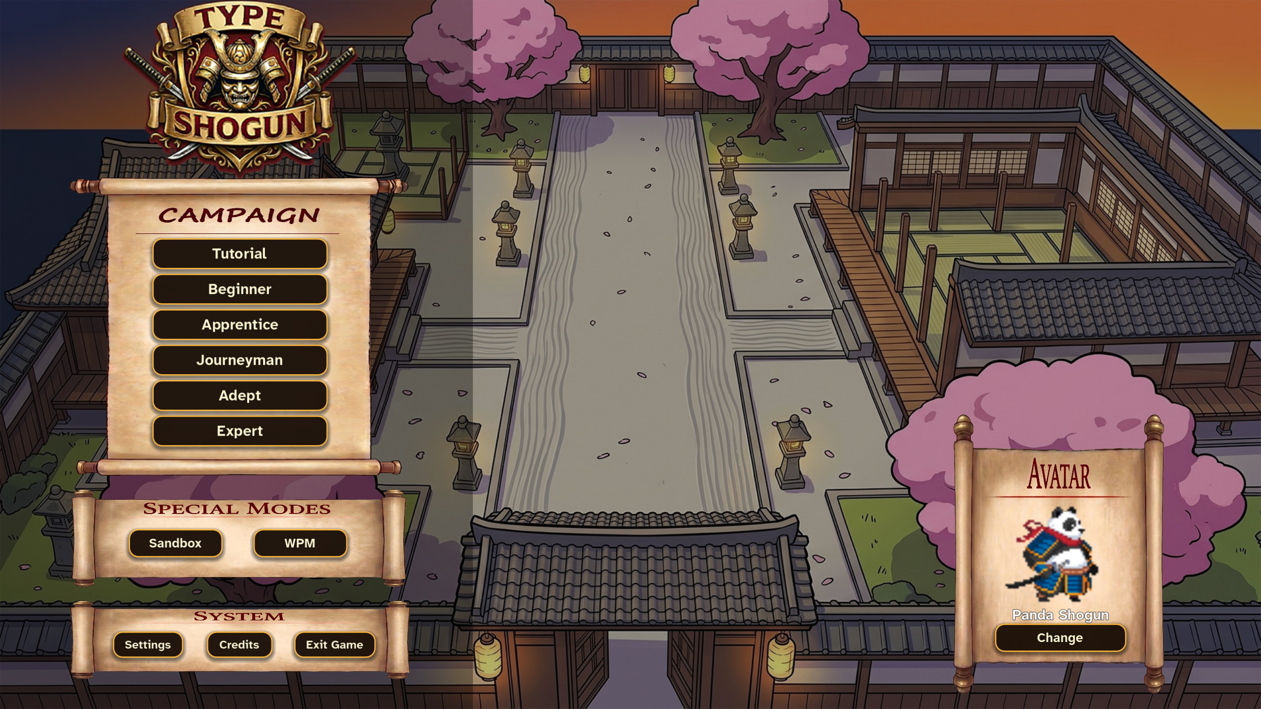 Type Shogun main menu with campaign modes, special modes, and avatar selection
