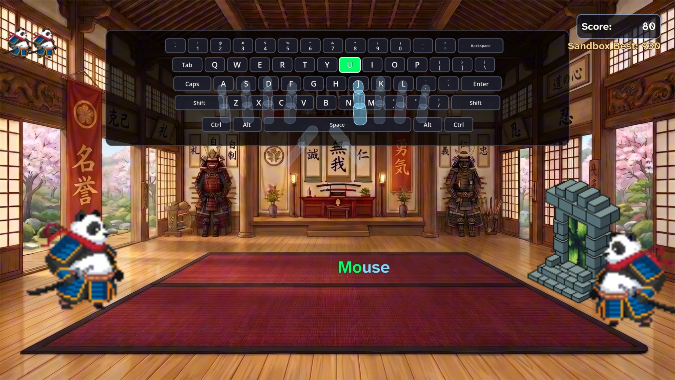 Type Shogun Sandbox gameplay with on-screen keyboard and transparent finger guidance