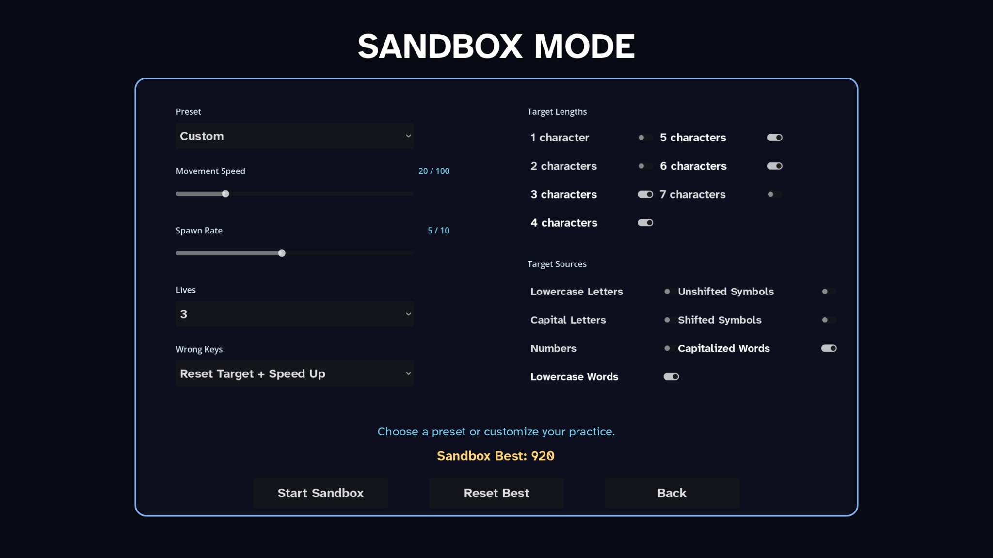 Type Shogun customizable Sandbox Mode setup screen