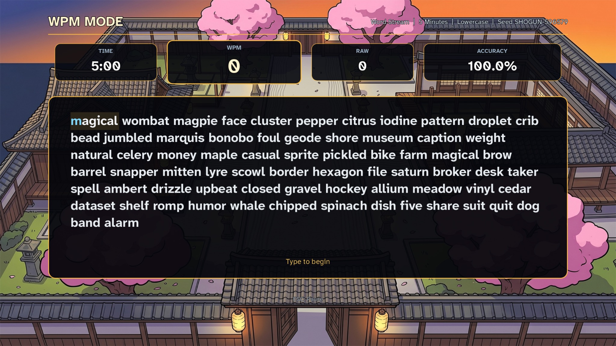 Type Shogun WPM Mode with speed, accuracy, and practice text