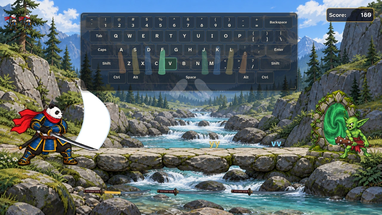 Panda Shogun swings a sword beside a mountain stream.