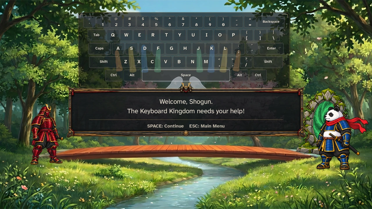 Illustrated Red Shogun welcomes players to the Keyboard Kingdom.