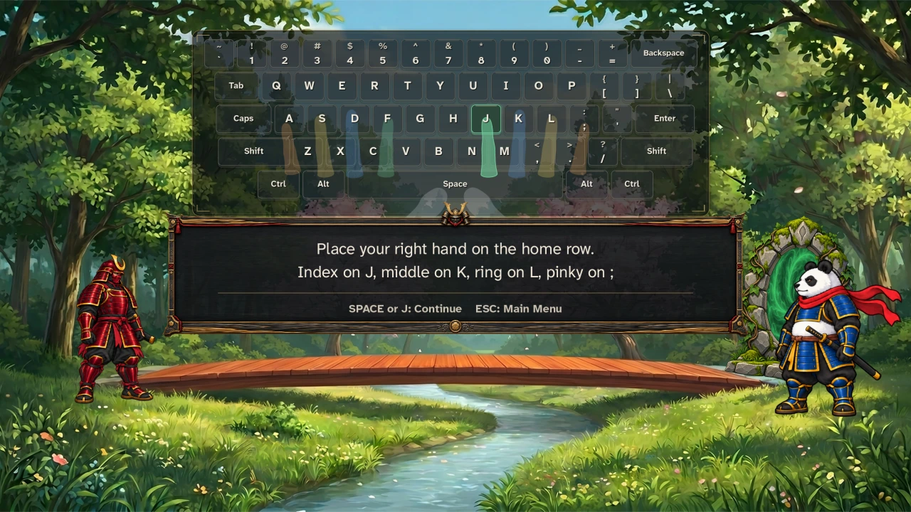 The Tutorial highlights a home-row key and the recommended finger.