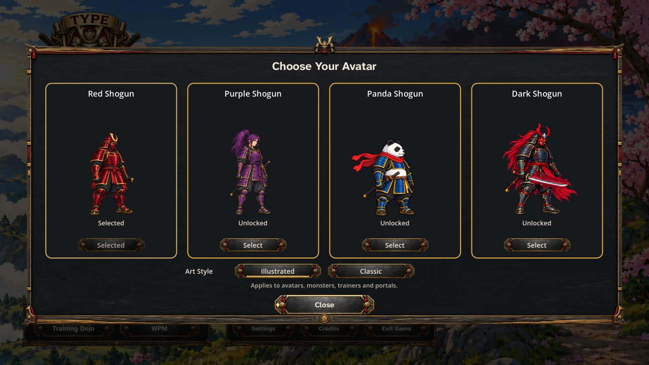 Avatar selection shows Red, Purple, Panda, and Dark Shogun.