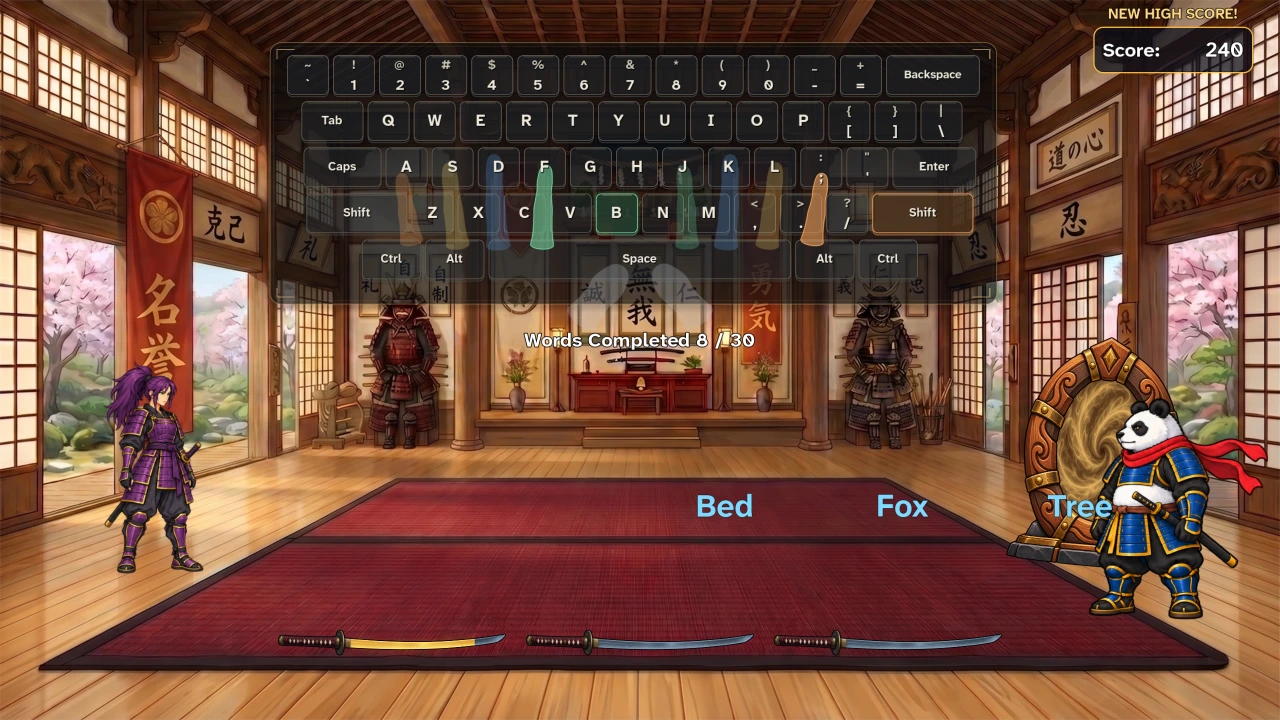 Purple Shogun practices capitalized words with keyboard and finger guidance.