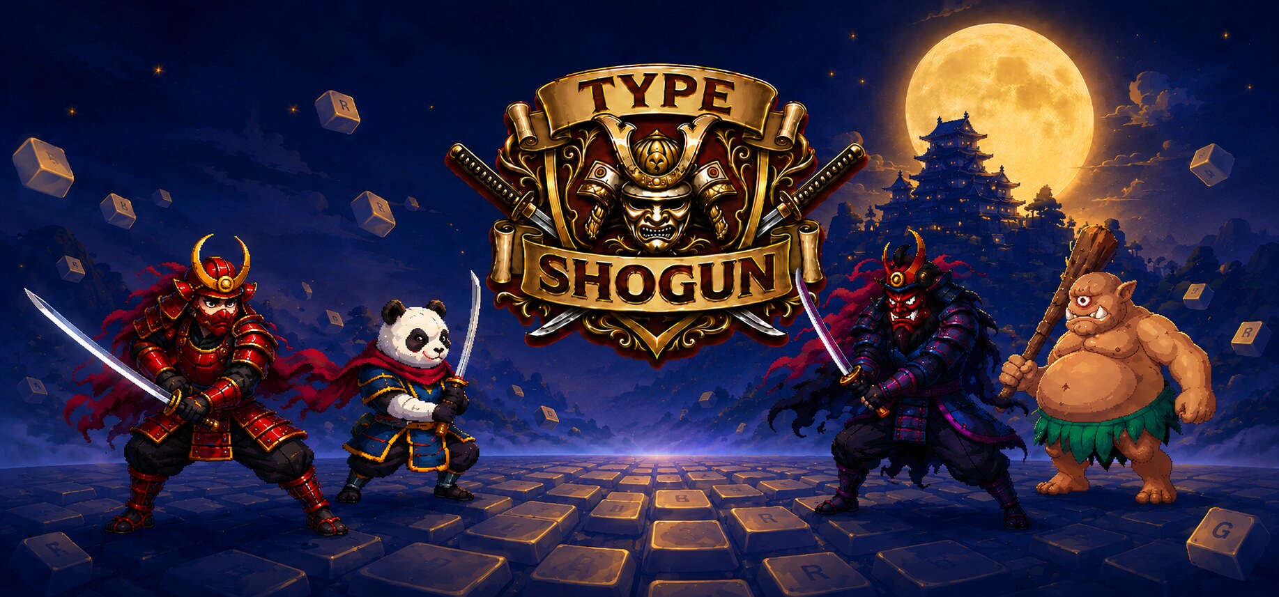Type Shogun key art featuring the Red Shogun, Panda Shogun, Dark Shogun, and Cyclops